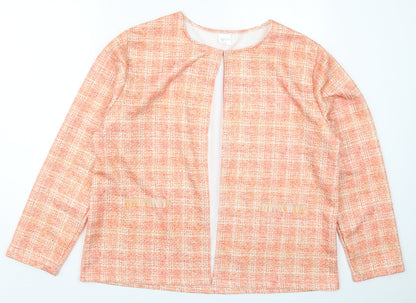Additional front view of Laure De Ssine women’s orange check jacket, size UK 16, hook & eye