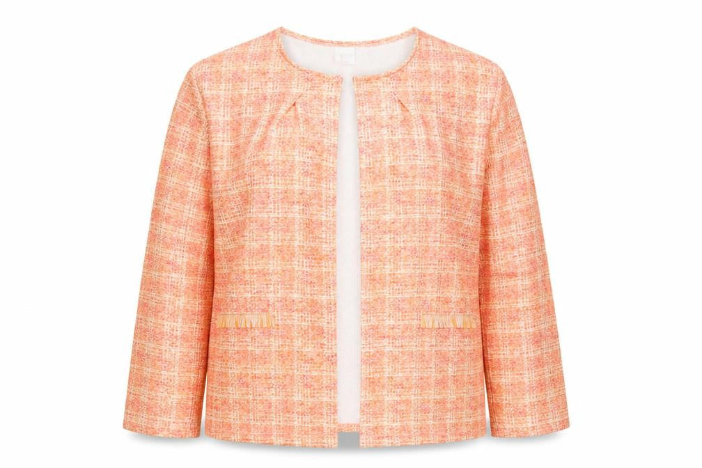Front view of Laure De Ssine women’s orange check jacket, size UK 16, hook & eye