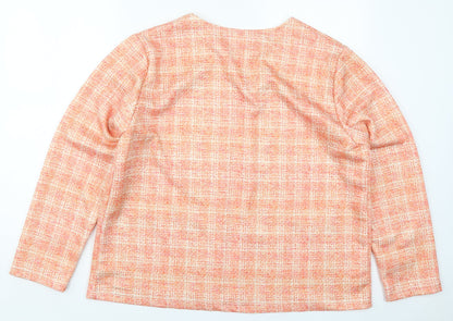 Back view of Laure De Ssine women’s orange check jacket, size UK 16, hook & eye