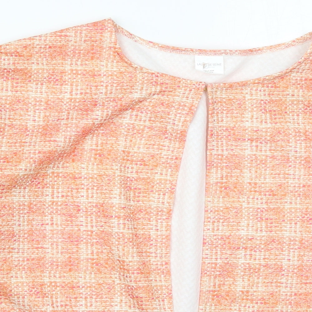 Close-up detail of Laure De Ssine women’s orange check jacket, size UK 16, hook & eye