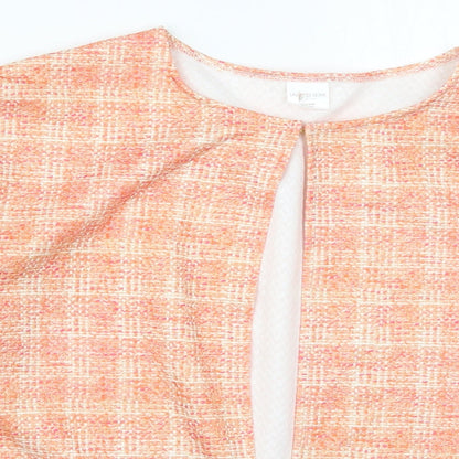 Close-up detail of Laure De Ssine women’s orange check jacket, size UK 16, hook & eye