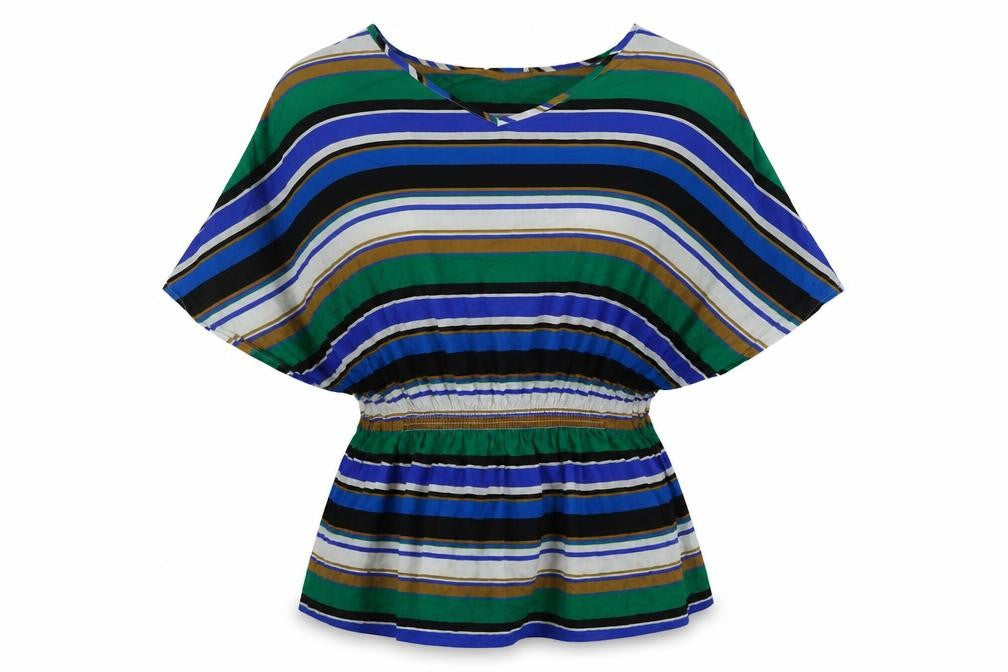 Front view of Next women’s multicoloured striped 100% cotton a-line, size M, v-neck pullover - beach cover up