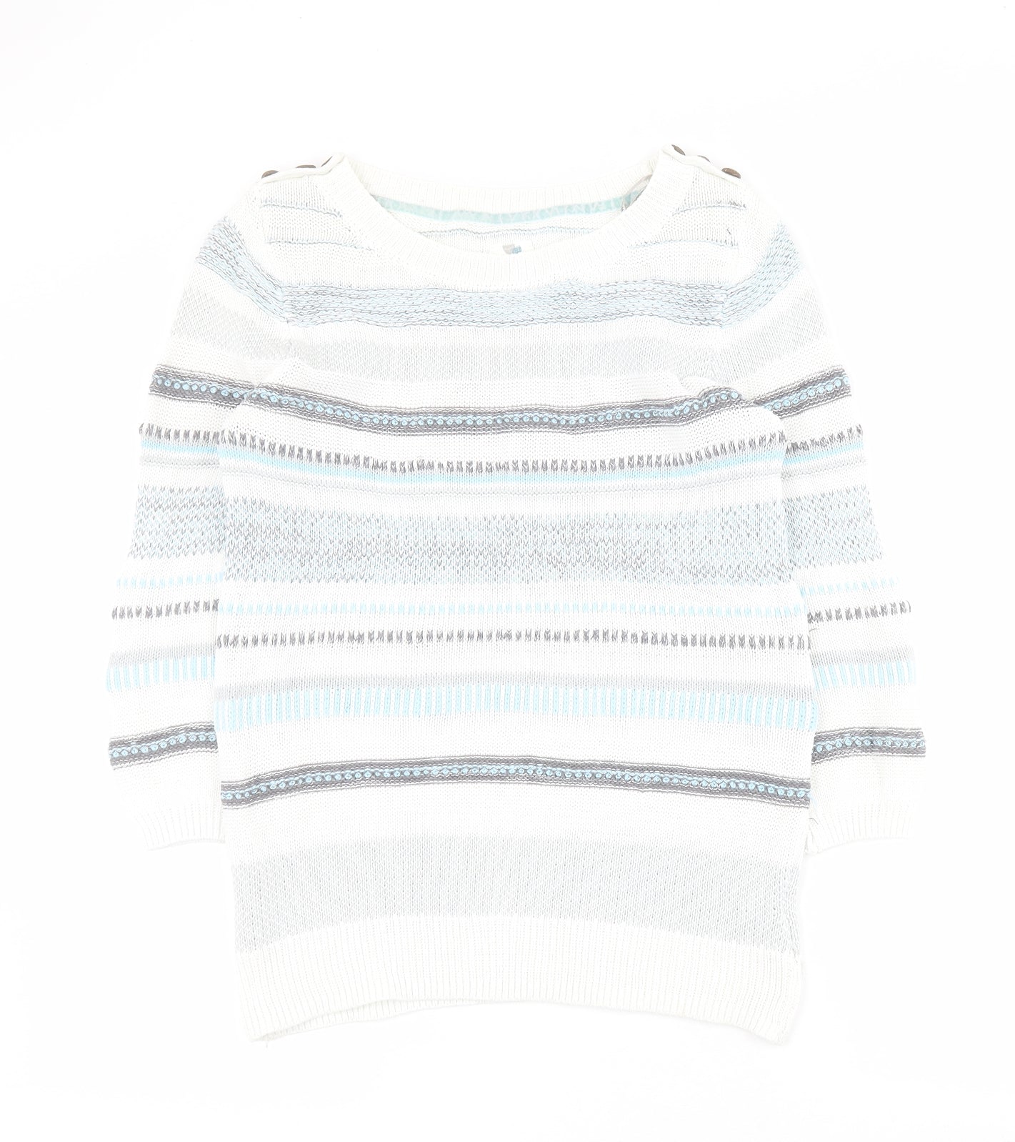 Mataray Womens White Boat Neck Striped 100% Cotton Pullover Jumper Size 10
