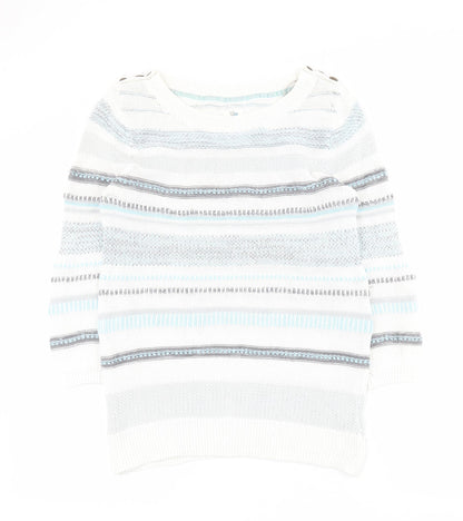 Mataray Womens White Boat Neck Striped 100% Cotton Pullover Jumper Size 10
