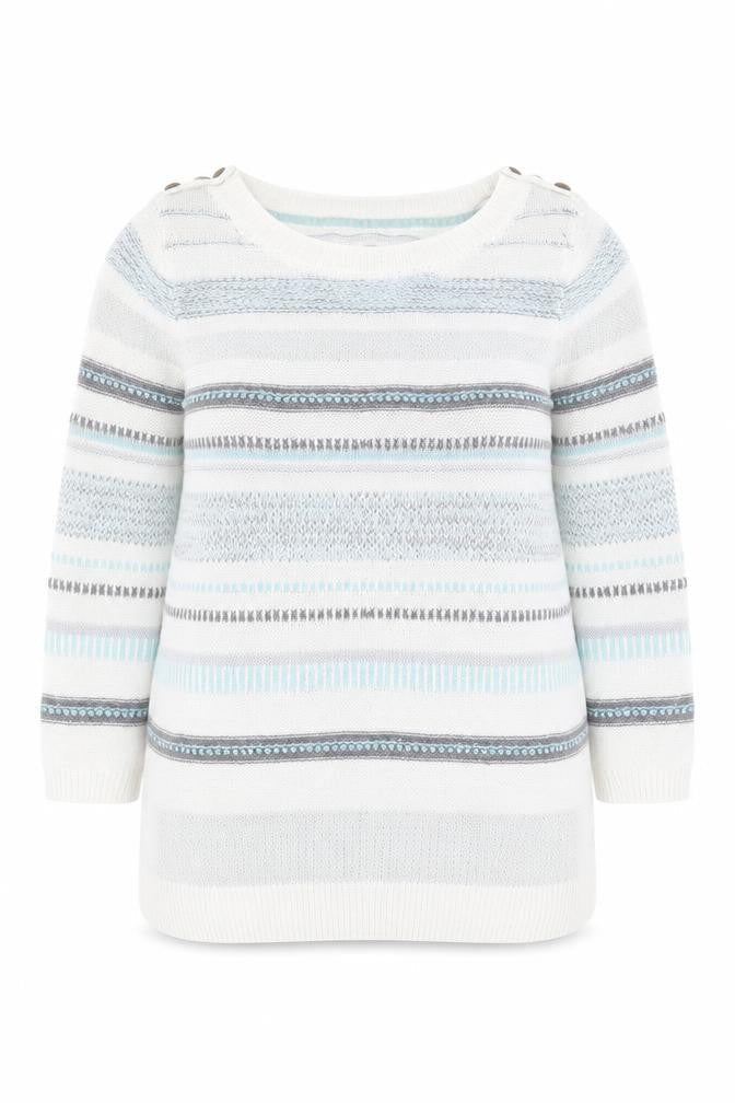 Front view of Mataray women’s white boat neck striped 100% cotton jumper, size UK 10