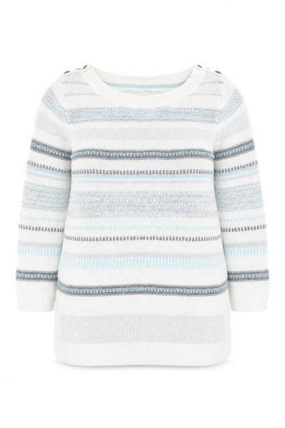 Front view of Mataray women’s white boat neck striped 100% cotton jumper, size UK 10