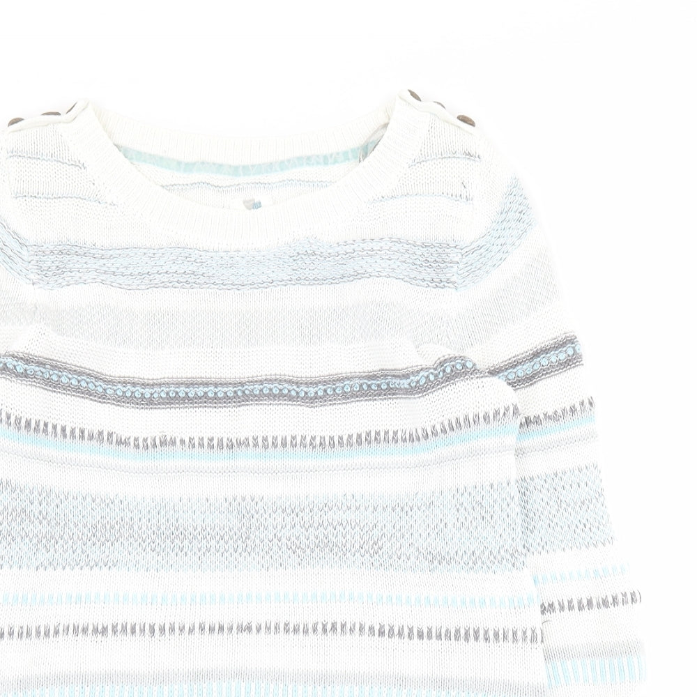 Mataray Womens White Boat Neck Striped 100% Cotton Pullover Jumper Size 10