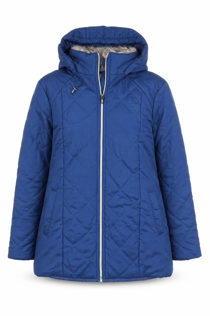 Front view of Anne De Lancay women’s blue quilted coat, size UK 8, zip