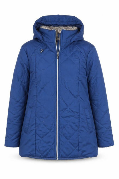 Front view of Anne De Lancay women’s blue quilted coat, size UK 8, zip