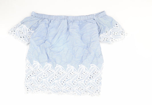 F&F Womens Blue Striped 100% Cotton Basic Blouse Size 8 Off the Shoulder