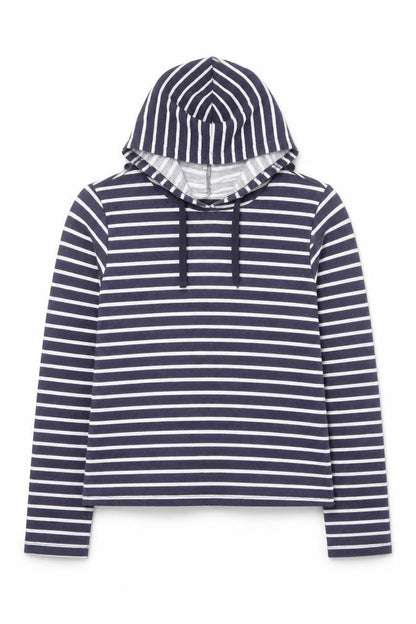 Front view of ASOS women’s blue striped polyester pullover hoodie, size UK 6, pullover
