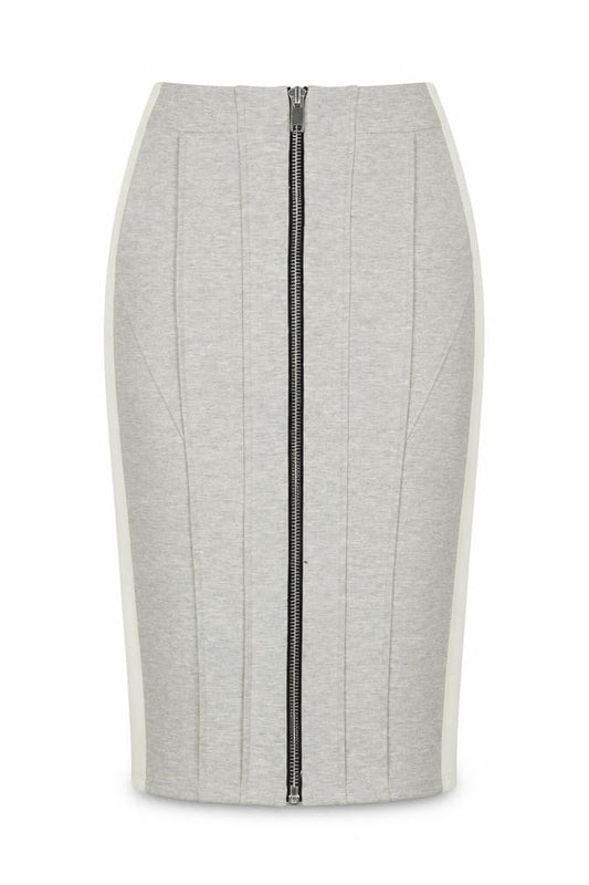 Front view of River Island women’s grey polyester a-line skirt, size UK 8, zip