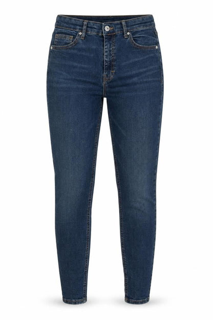 Front view of Topshop women’s blue cotton skinny jeans, size UK 28, 32-inch leg regular button