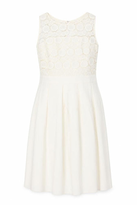 Front view of Shubette women’s ivory polyester fit & flare, size UK 12, round neck hook & eye