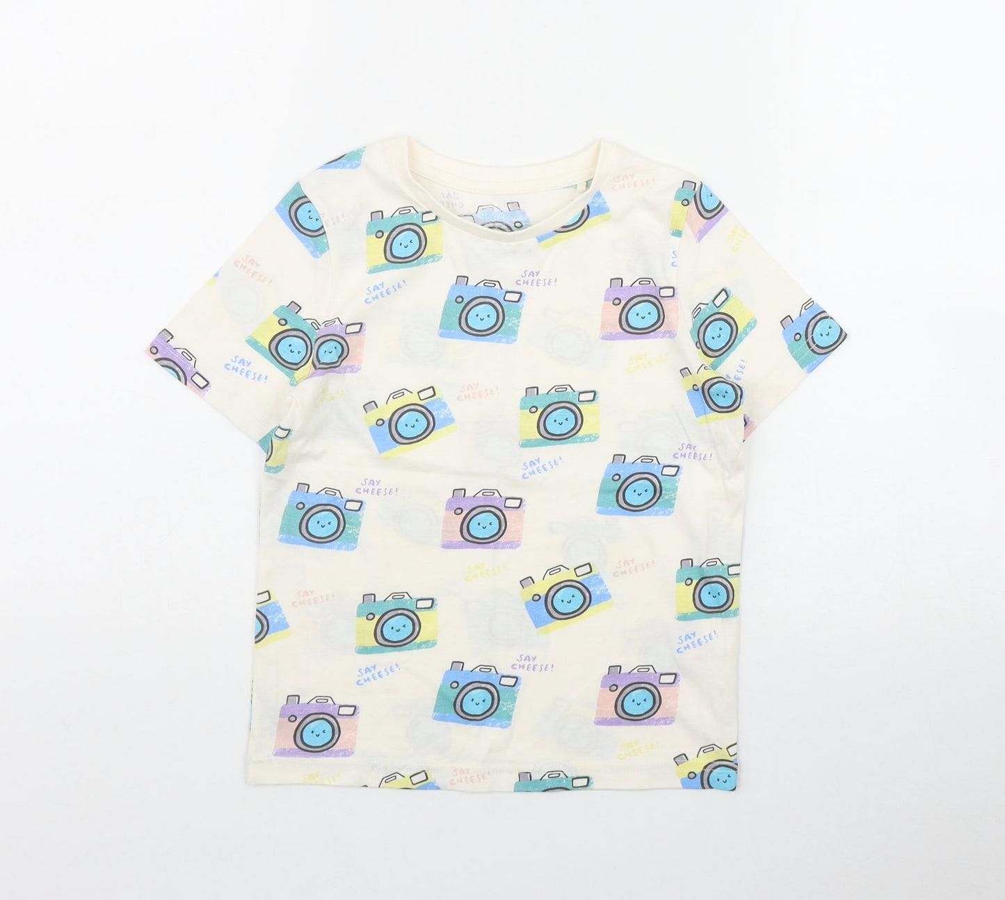 TU Boys Ivory Geometric Cotton Basic T-Shirt Size 5-6 Years Round Neck Pullover - Camera print