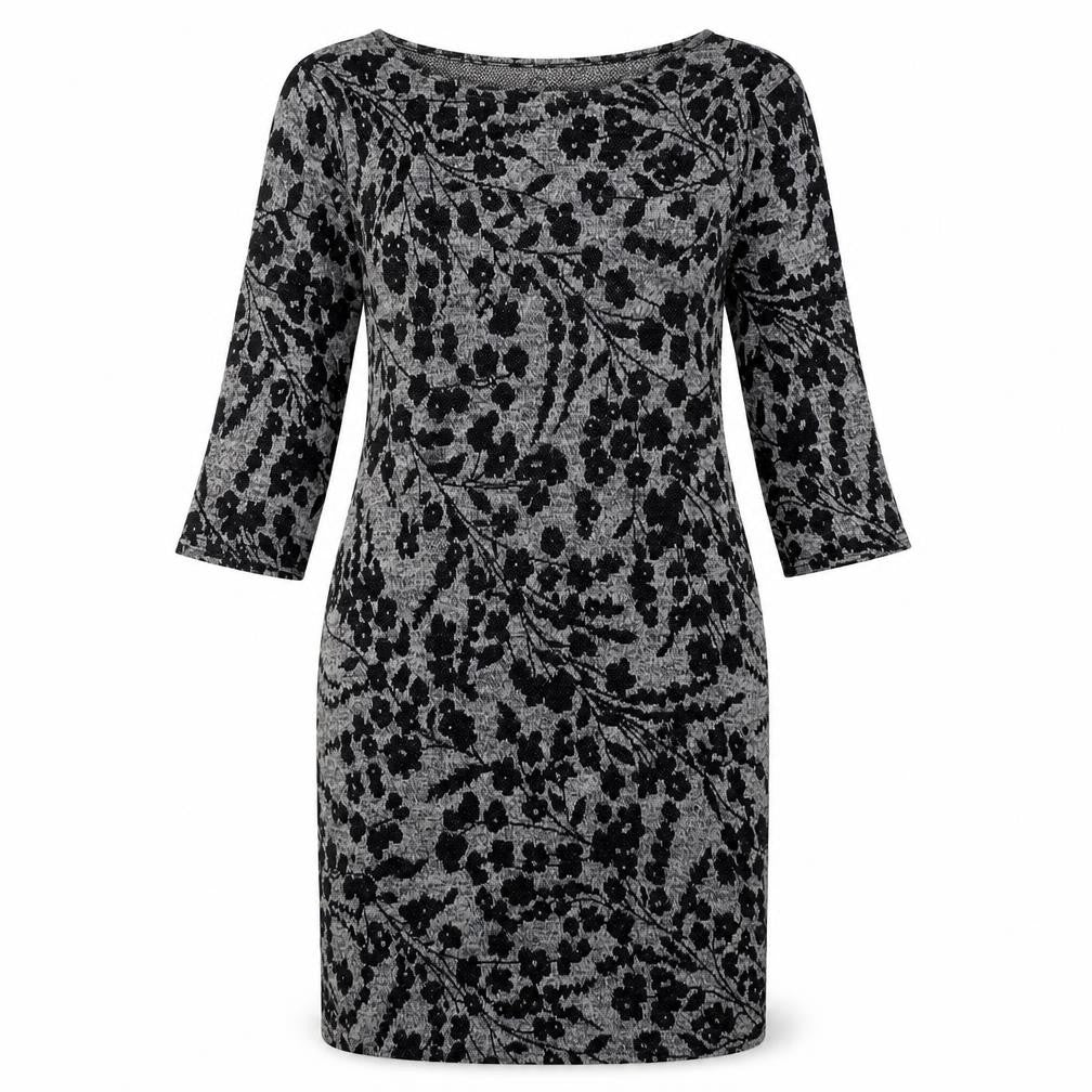 Front view of Blue Vanilla women’s grey floral polyester bodycon, size L, round neck pullover