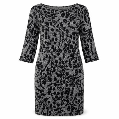 Front view of Blue Vanilla women’s grey floral polyester bodycon, size L, round neck pullover