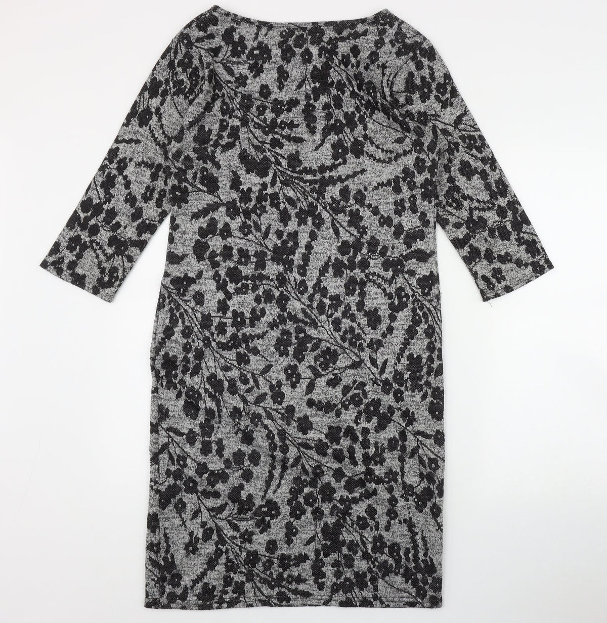 Back view of Blue Vanilla women’s grey floral polyester bodycon, size L, round neck pullover
