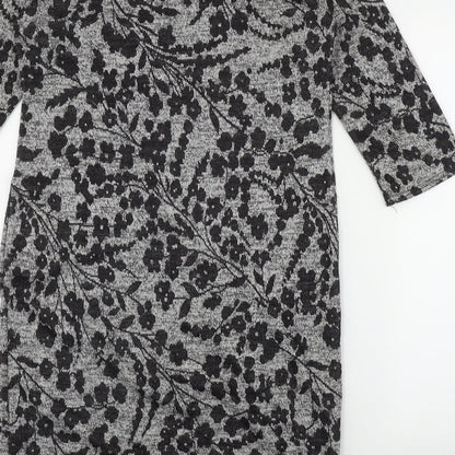 Brand and care label for Blue Vanilla women’s grey floral polyester bodycon, size L, round neck pullover