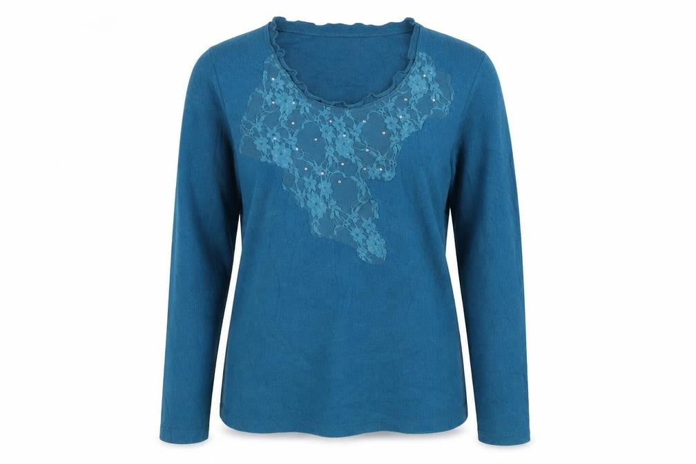 Front view of Aribel women’s blue scoop neck acrylic jumper, size UK 10