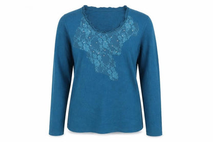Front view of Aribel women’s blue scoop neck acrylic jumper, size UK 10