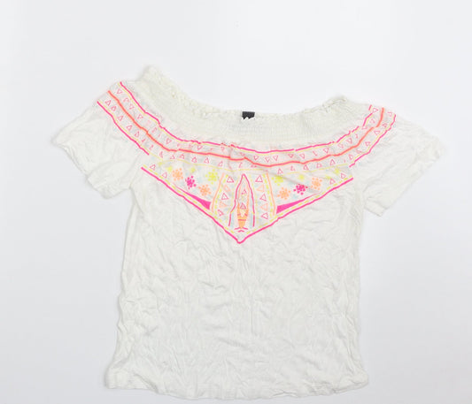 Primark Womens White  Viscose Basic T-Shirt Size 6 Boat Neck