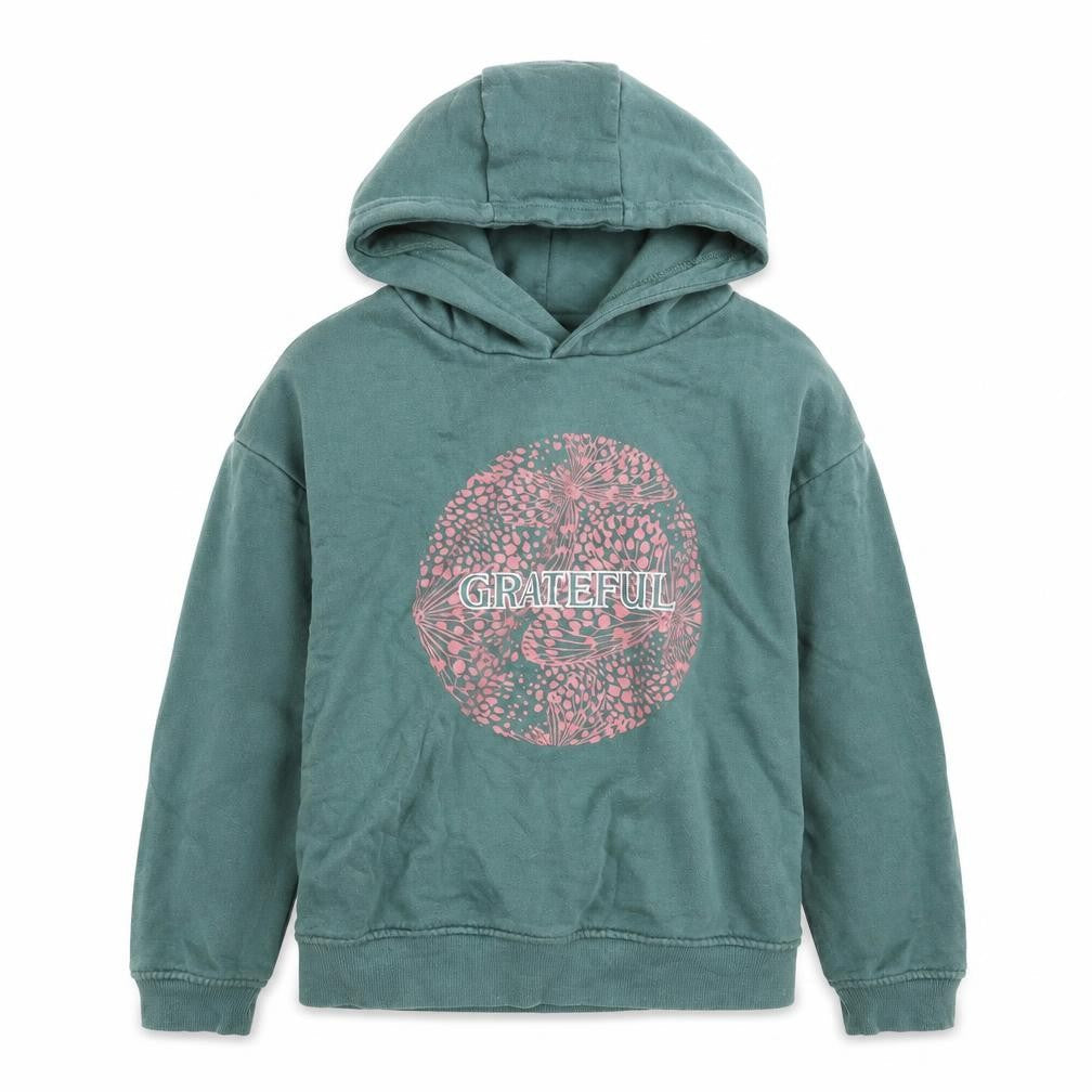 Front view of Primark girls’ green cotton pullover hoodie, size 9-10, years pullover - grateful