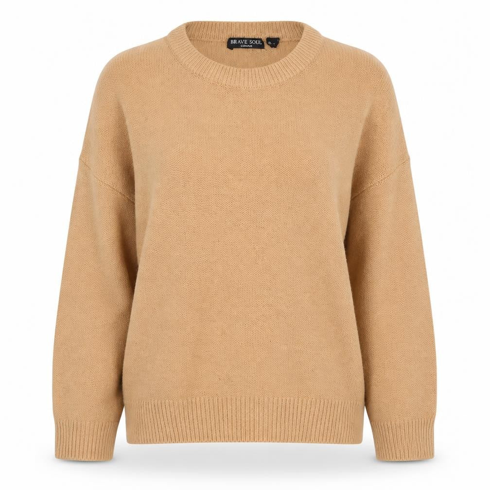 Front view of Brave Soul women’s brown crew neck acrylic jumper, size UK 12