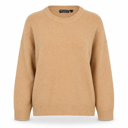 Front view of Brave Soul women’s brown crew neck acrylic jumper, size UK 12