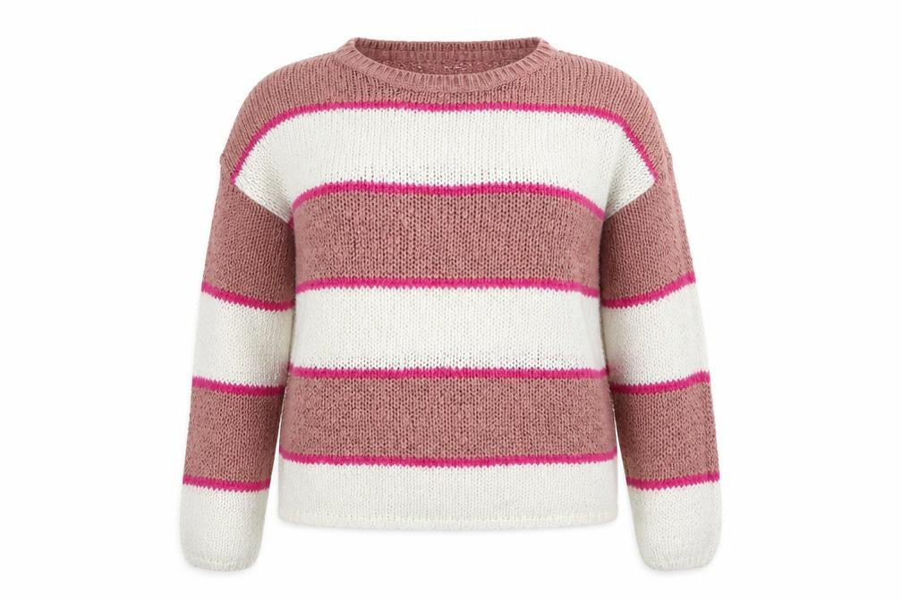 Front view of Only women’s pink crew neck striped acrylic jumper, size M