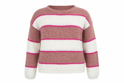 Front view of Only women’s pink crew neck striped acrylic jumper, size M