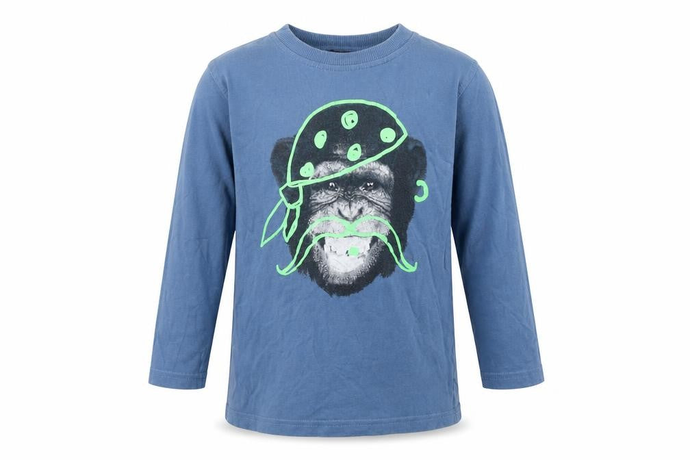 Front view of Next boys’ blue 100% cotton basic t-shirt, size 5, years round neck pullover - monkey