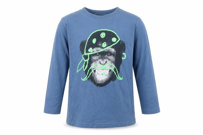 Front view of Next boys’ blue 100% cotton basic t-shirt, size 5, years round neck pullover - monkey