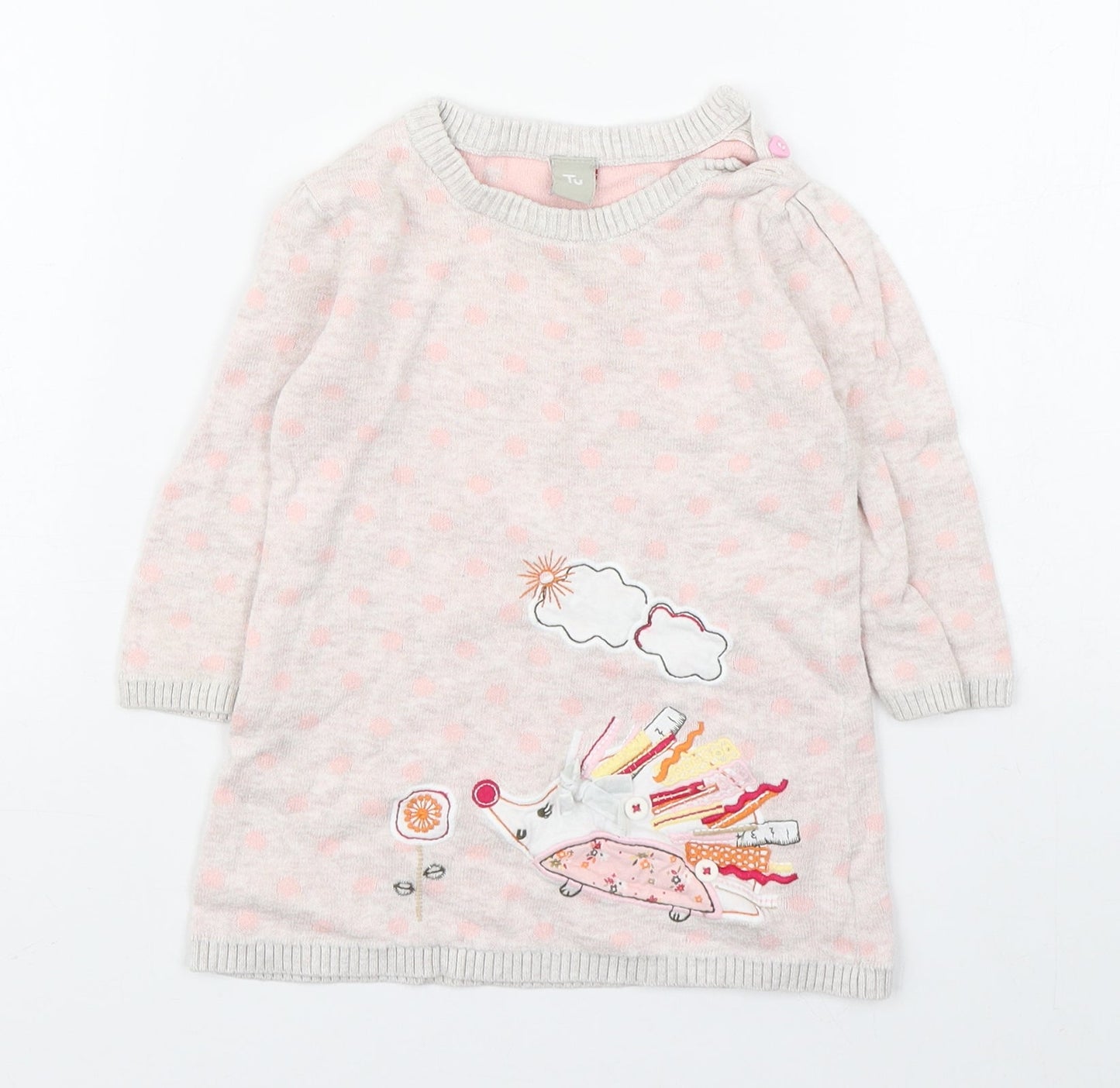 TU Girls Pink Polka Dot 100% Cotton Jumper Dress  Size 6-9 Months  Round Neck Pullover - Hedgehog