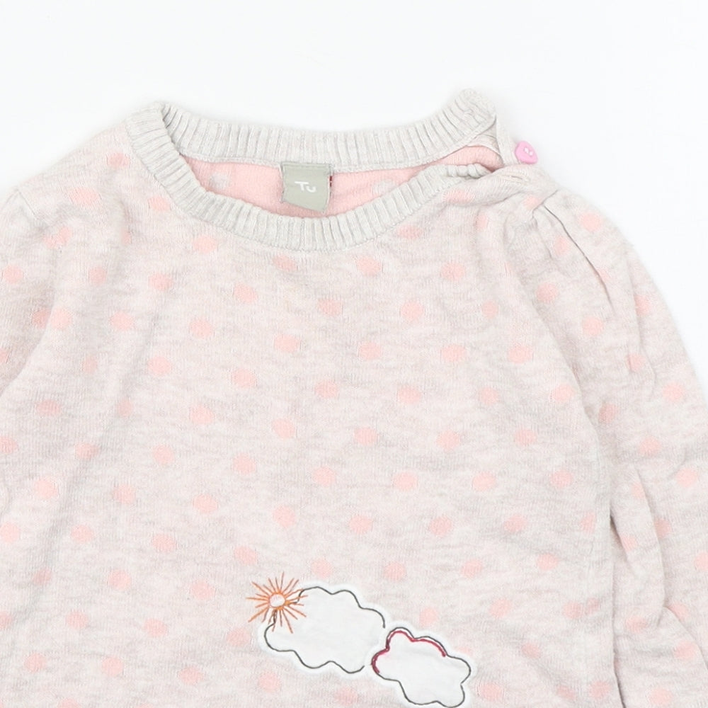 TU Girls Pink Polka Dot 100% Cotton Jumper Dress  Size 6-9 Months  Round Neck Pullover - Hedgehog