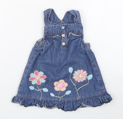 St Bernard  Girls Blue  100% Cotton Pinafore/Dungaree Dress  Size 6-9 Months  Square Neck Button - Flower