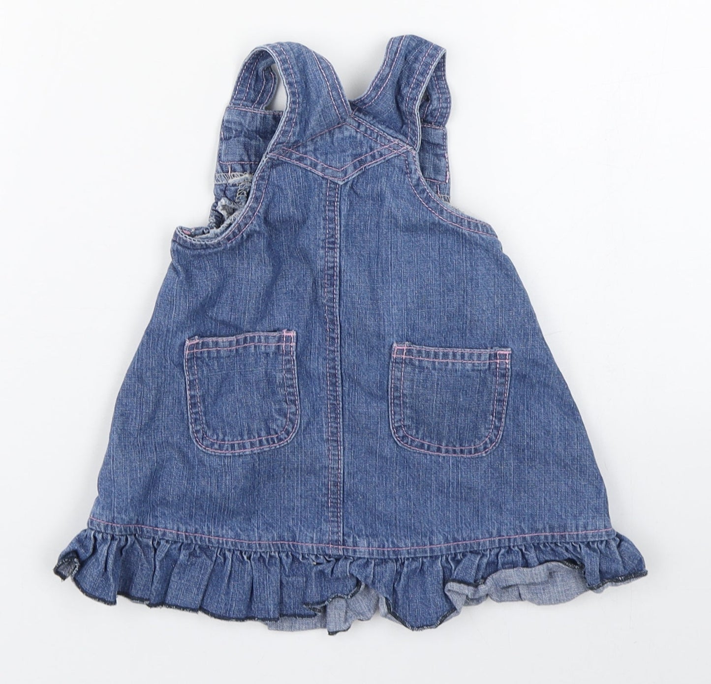 St Bernard  Girls Blue  100% Cotton Pinafore/Dungaree Dress  Size 6-9 Months  Square Neck Button - Flower