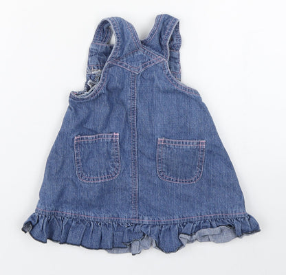 St Bernard  Girls Blue  100% Cotton Pinafore/Dungaree Dress  Size 6-9 Months  Square Neck Button - Flower