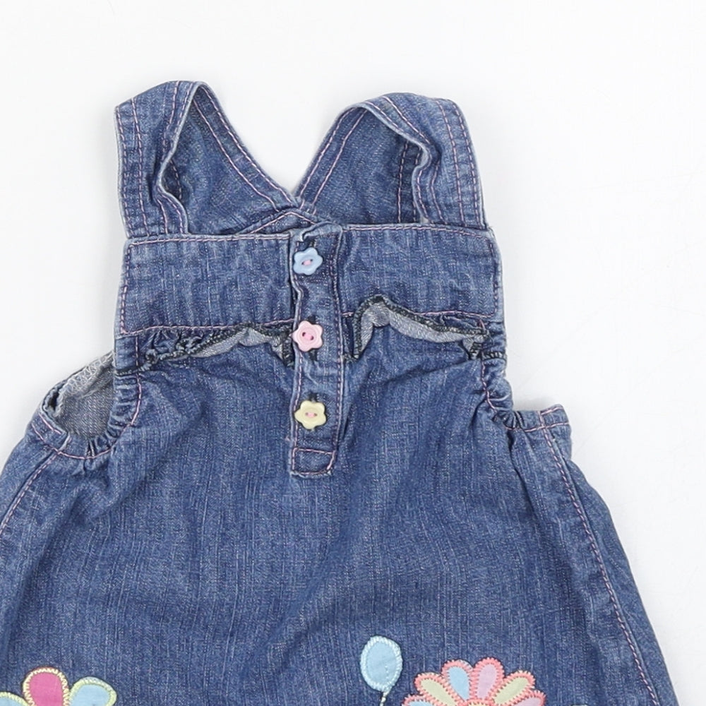St Bernard  Girls Blue  100% Cotton Pinafore/Dungaree Dress  Size 6-9 Months  Square Neck Button - Flower