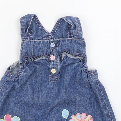 St Bernard  Girls Blue  100% Cotton Pinafore/Dungaree Dress  Size 6-9 Months  Square Neck Button - Flower