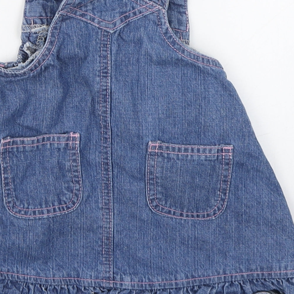 St Bernard  Girls Blue  100% Cotton Pinafore/Dungaree Dress  Size 6-9 Months  Square Neck Button - Flower