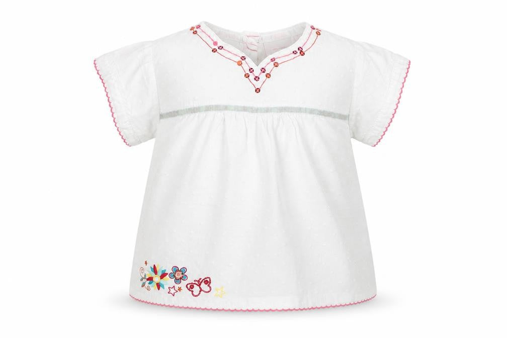 Front view of Debenhams girls’ white 100% cotton basic blouse, size 9-12, months round neck button