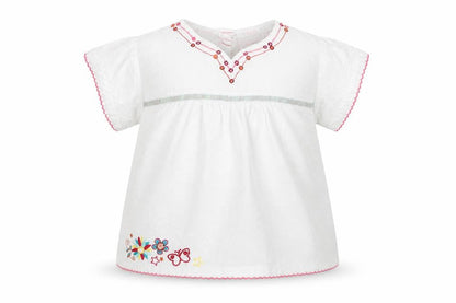 Front view of Debenhams girls’ white 100% cotton basic blouse, size 9-12, months round neck button