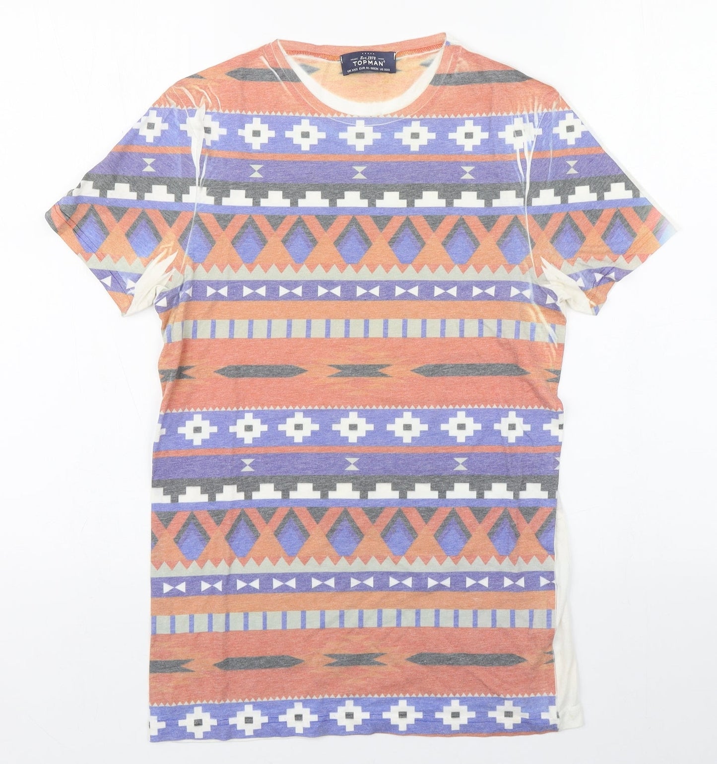 Topman Mens Multicoloured Fair Isle Cotton  T-Shirt Size XS Round Neck