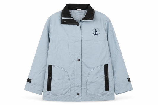 Front view of Anne De Lancay women’s blue windbreaker coat, size M, zip