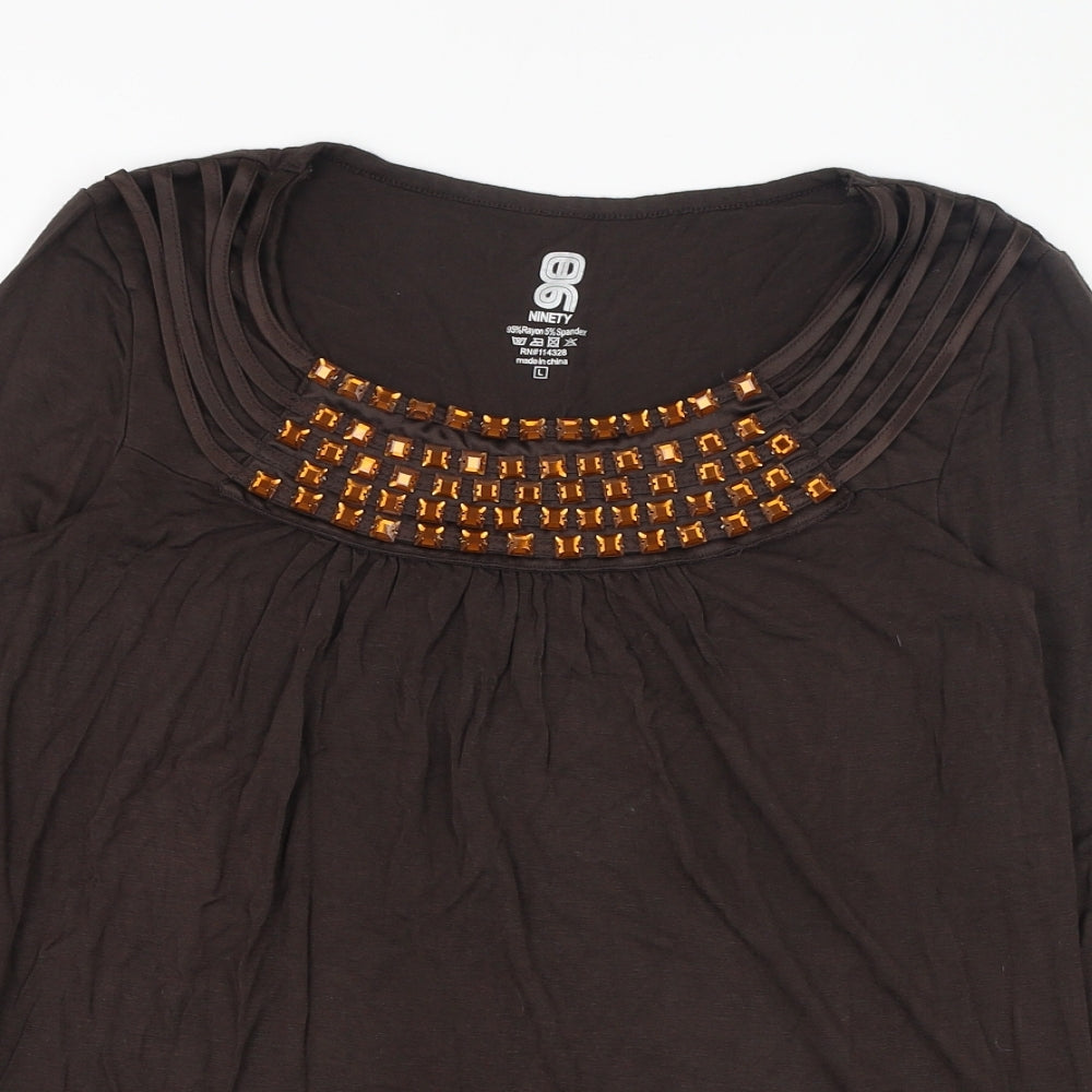 Ninety Womens Brown  Viscose Basic Blouse Size L Round Neck