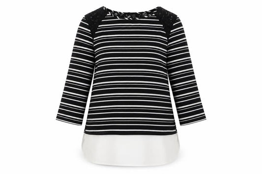 Front view of Atmosphere women’s black striped polyester basic blouse, size UK 10, round neck