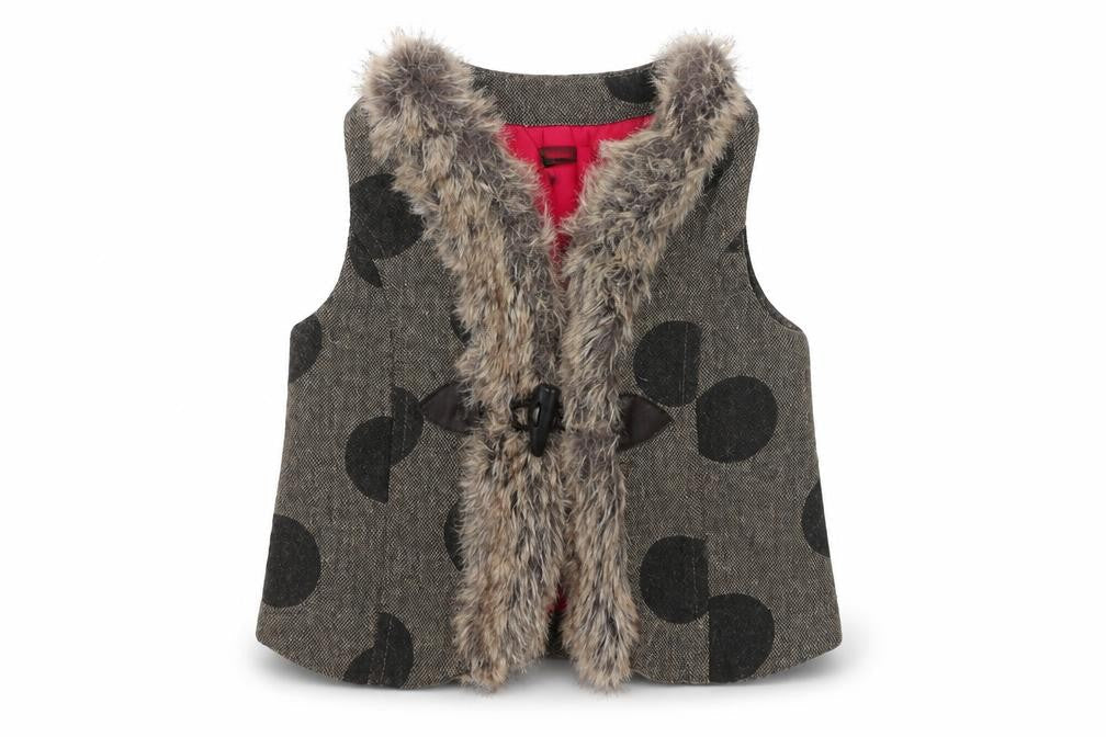 Front view of Catimini girls’ brown polka dot gilet jacket, size 3, years hook & loop