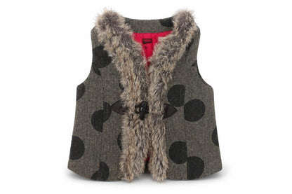 Front view of Catimini girls’ brown polka dot gilet jacket, size 3, years hook & loop