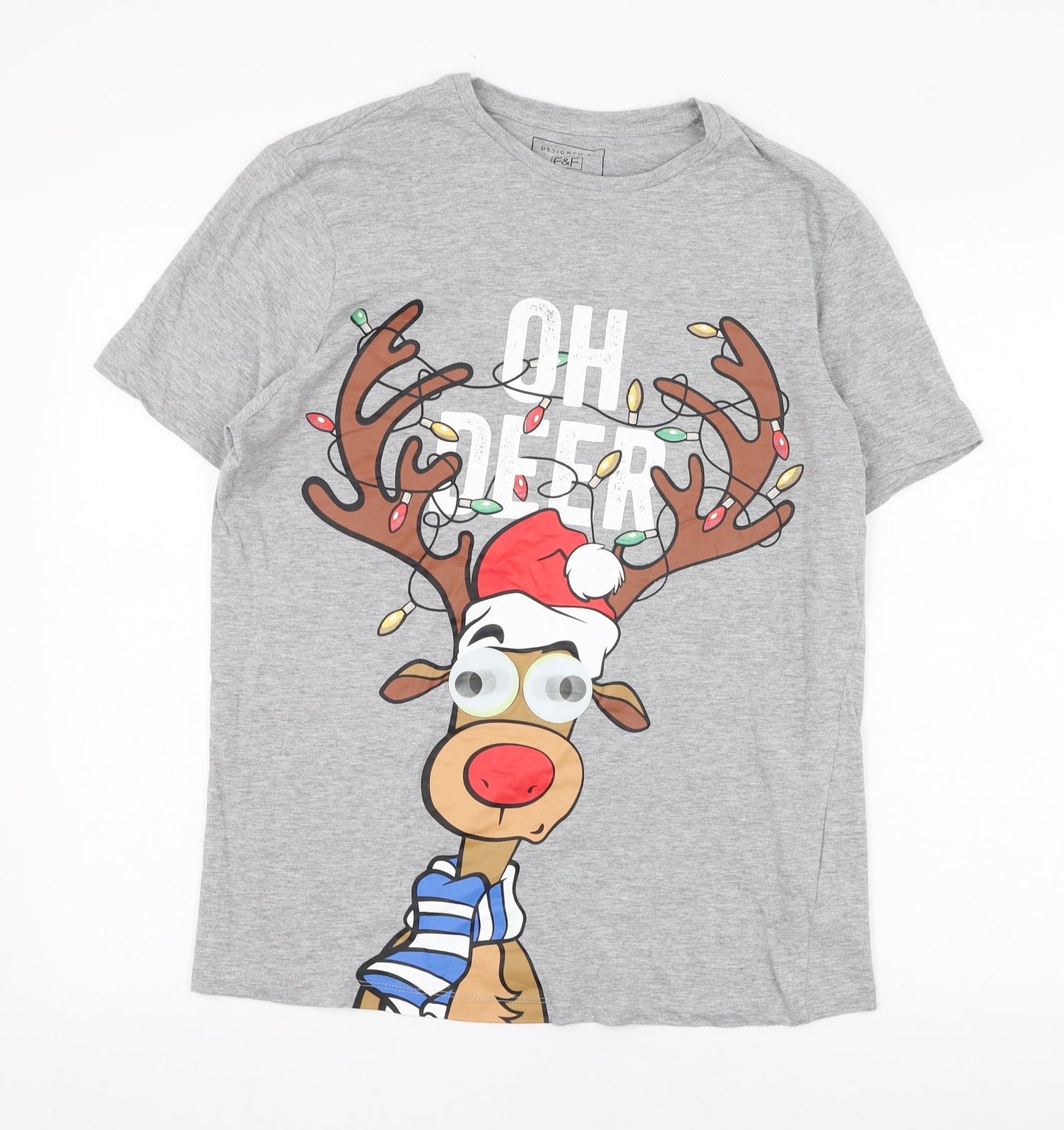 F&F Mens Grey  Cotton  T-Shirt Size M Round Neck  - Christmas, Oh deer
